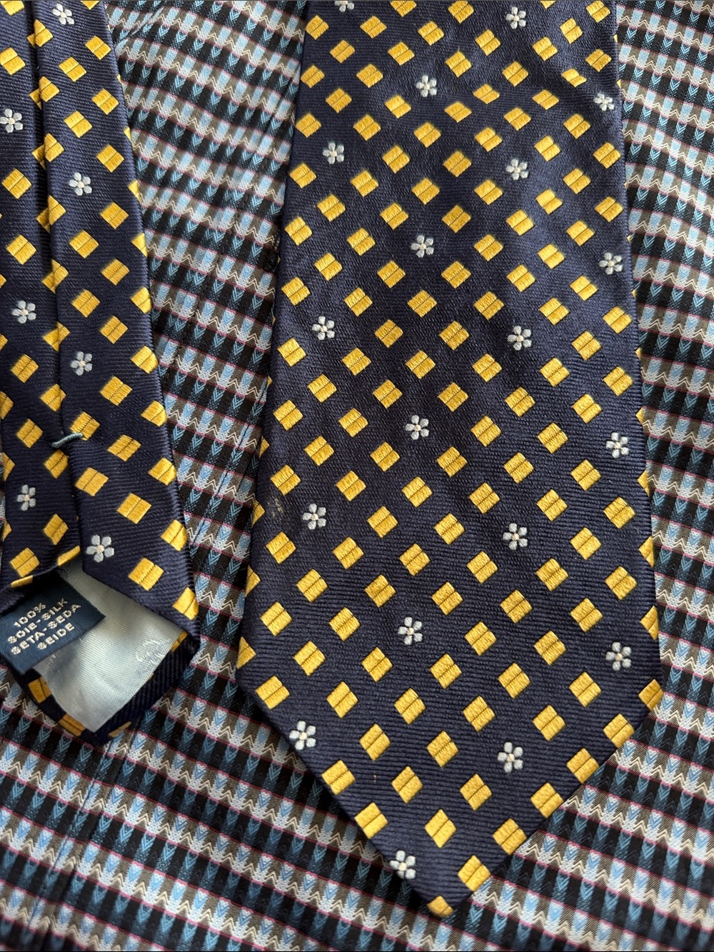 Faconnable Silk Navy Tie with Gold Geometric Squares flowers necktie 61"x 3.75"